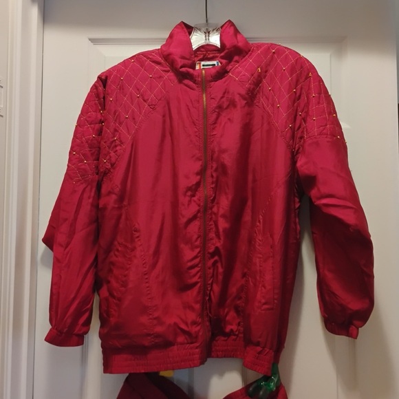 NWT Vintage EVR 80s 90s 100% Silk Windbreaker SweatSuit Red Quilted Studded Sz L - Picture 2 of 14
